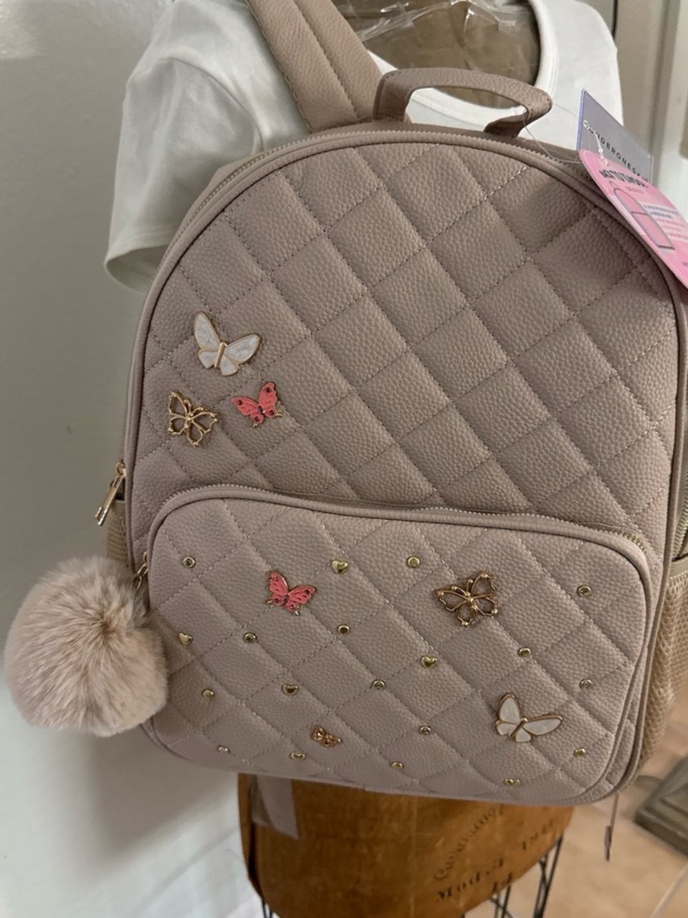 NWT Underonesky Quilted Butterfly Accent Backpack - Beige